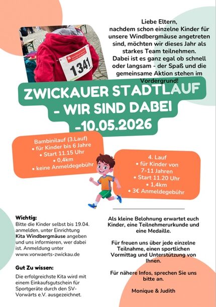 Aufruf zum Zwickauer Stadtlauf mit den Windbergmäusen