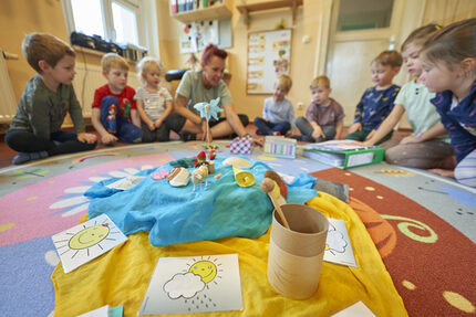 Der Morgenkreis- ein einheitliches Ritual in unserem Haus. Wochentage, Jahreszeiten, Projekte und Anliegen der Kinder werden hier besprochen.